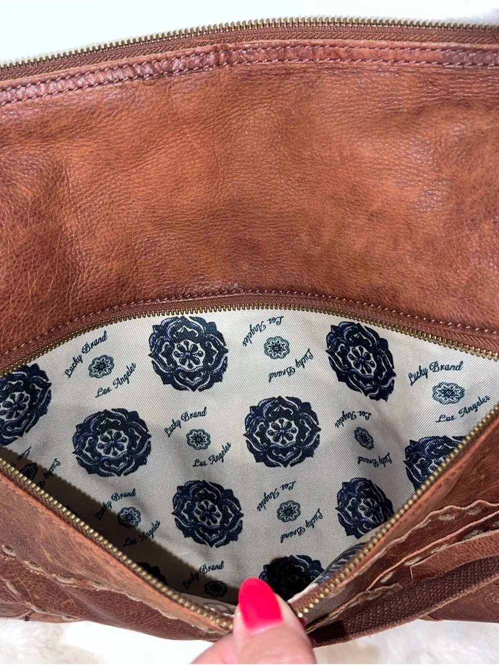 Lucky Brand Medium Brown Leather Patchwork Crossbody with Tassels